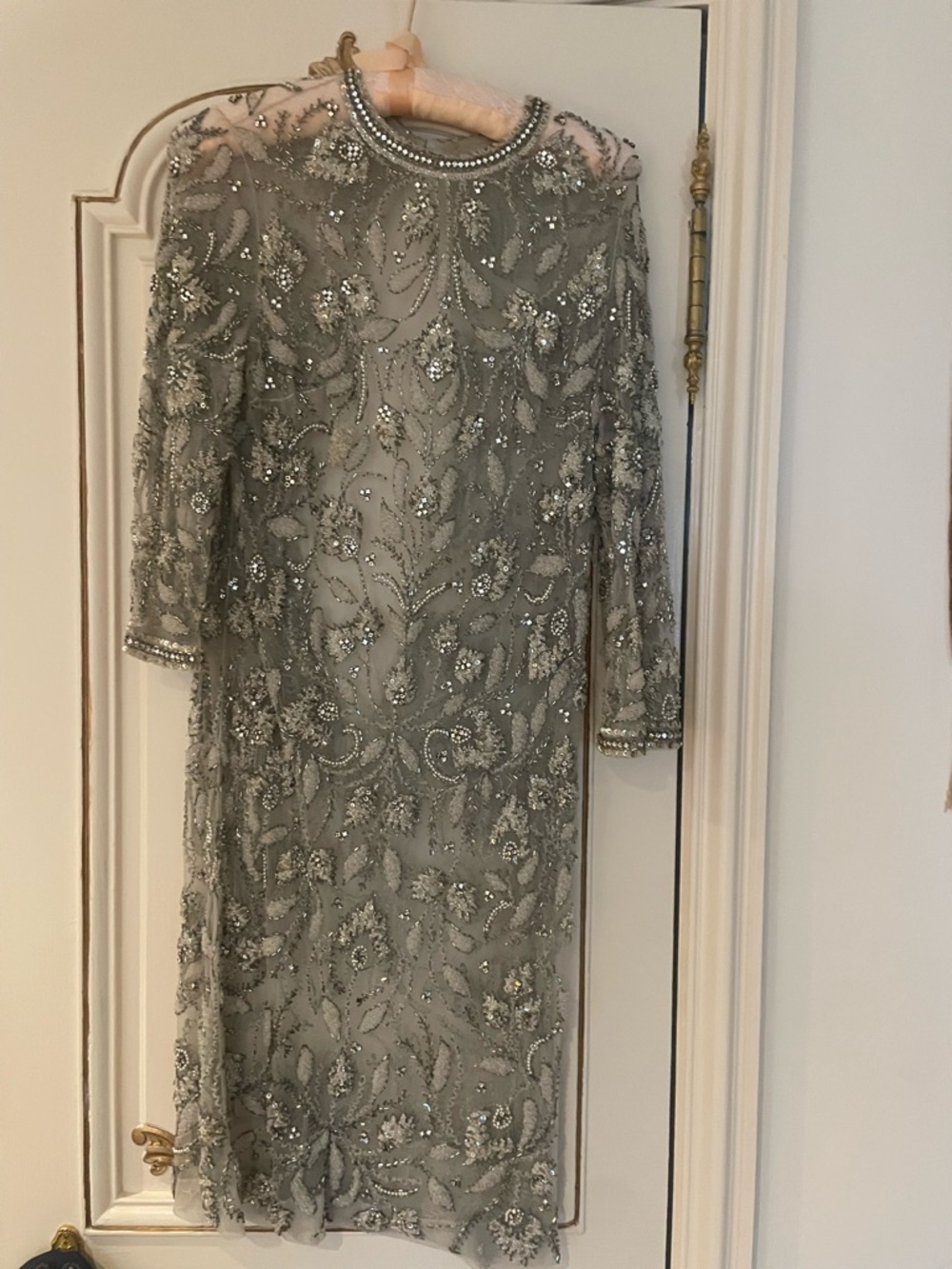 Vintage sheer Embellished Silver Evening Dress size Small all handmade